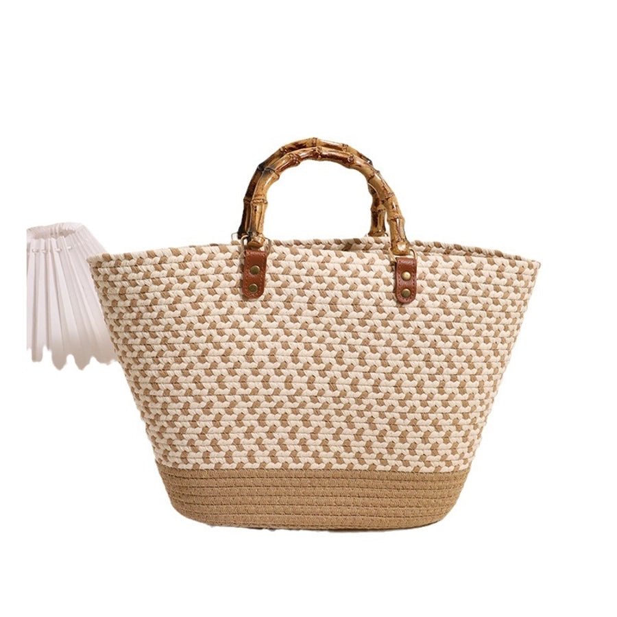 Women's Cotton Splicing Vacation Weave Shell Open Handbag