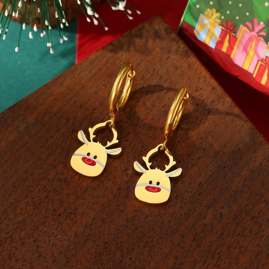 A Pair of Christmas 18K Real Gold Stainless Steel Colorful Oil Necklace Christmas Tree Elk Earrings Ear Clip Women's Christmas Gift