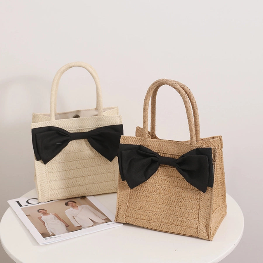 Women's Straw Bow Knot Vacation Weave Square Magnetic Buckle Handbag