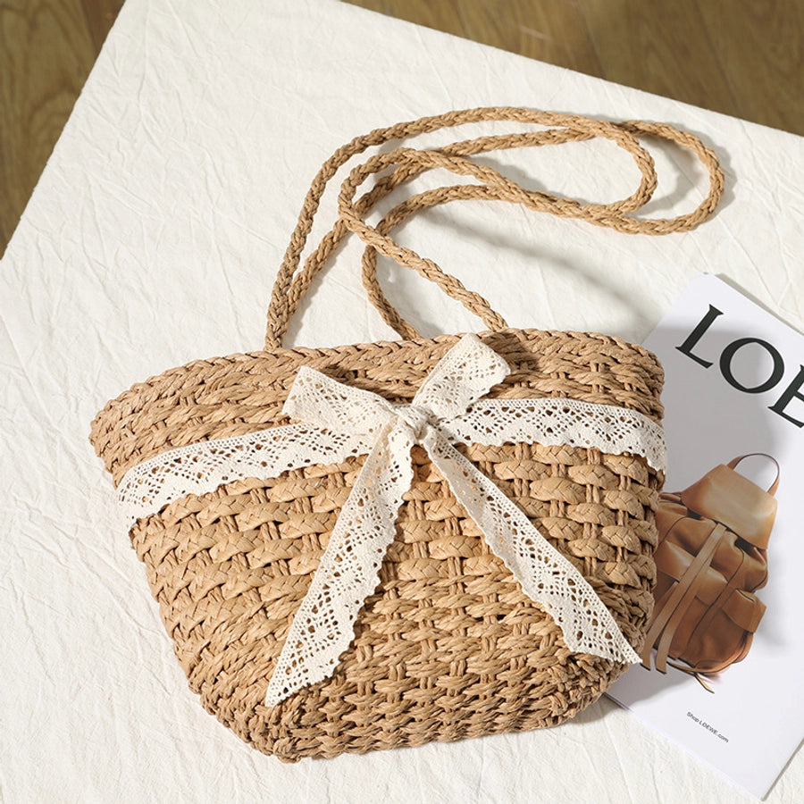 Women's Straw Bow Knot Vacation Weave Square String Shoulder Bag