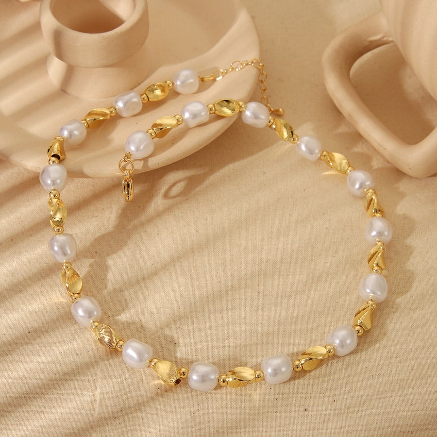 Jewelry Vintage Style Irregular Imitation Pearl Copper 18K Gold Plated Beaded Plating Necklace - CEJEW