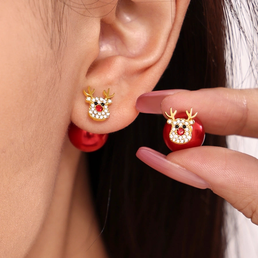 1 Pair Cute Christmas Tree Elk Plating Inlay 304 Stainless Steel Zircon 18K Gold Plated Ear Studs