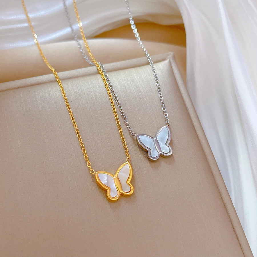 fashion butterfly titanium steel inlay shell necklace - CEJEW