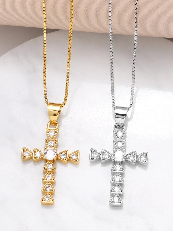 Copper 18K Gold Plated Plating Inlay Cross Zircon Pendant Necklace