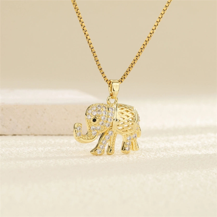 201 Stainless Steel Brass 18K Gold Plated Hollow Out Inlay Elephant Zircon Pendant Necklace