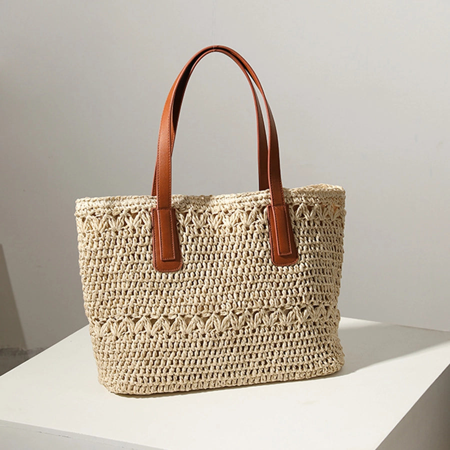 Women's Straw Solid Color Vacation Weave Square Zipper Tote Bag