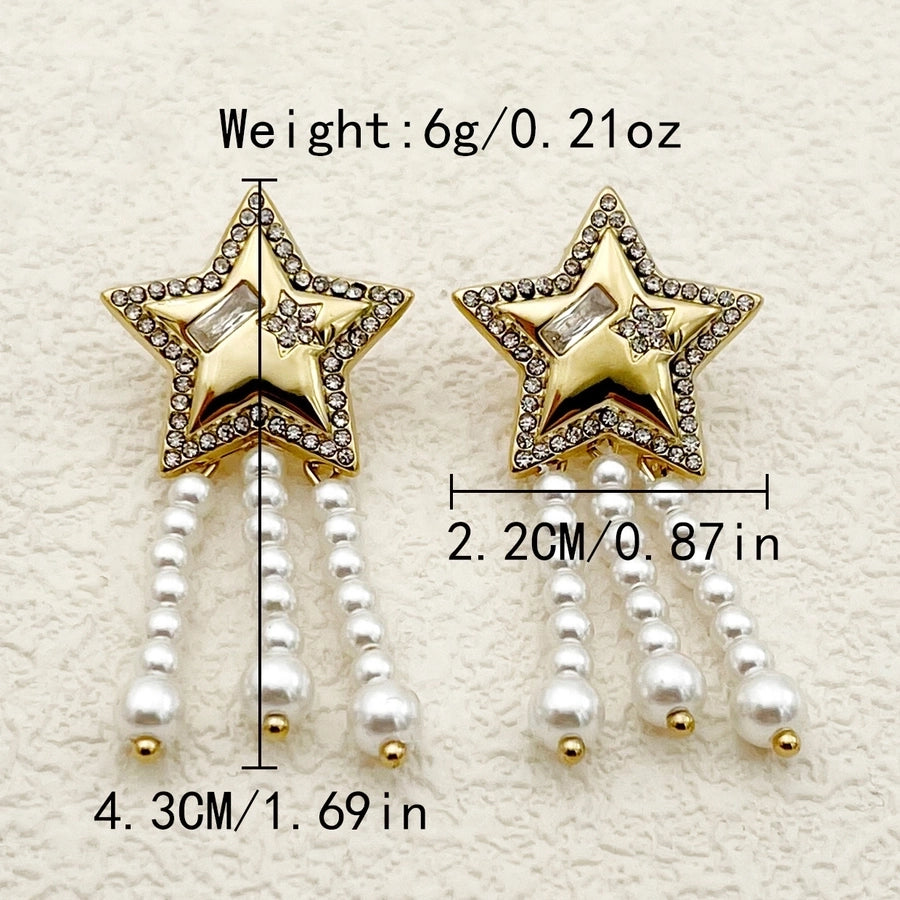 1 Pair Lady Sweet Korean Style Star Heart Shape Flower Tassel Inlay 304 Stainless Steel Artificial Pearls Rhinestones 14K Gold Plated Drop Earrings