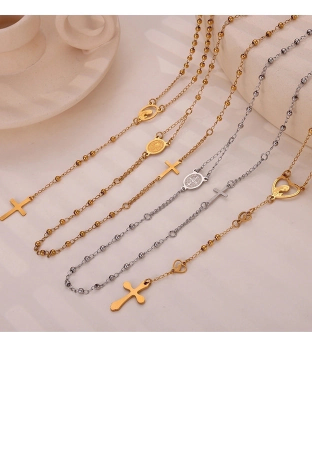 304 Stainless Steel 18K Gold Plated Casual Retro Simple Style Plating Cross Round Heart Shape Long Necklace - CEJEW