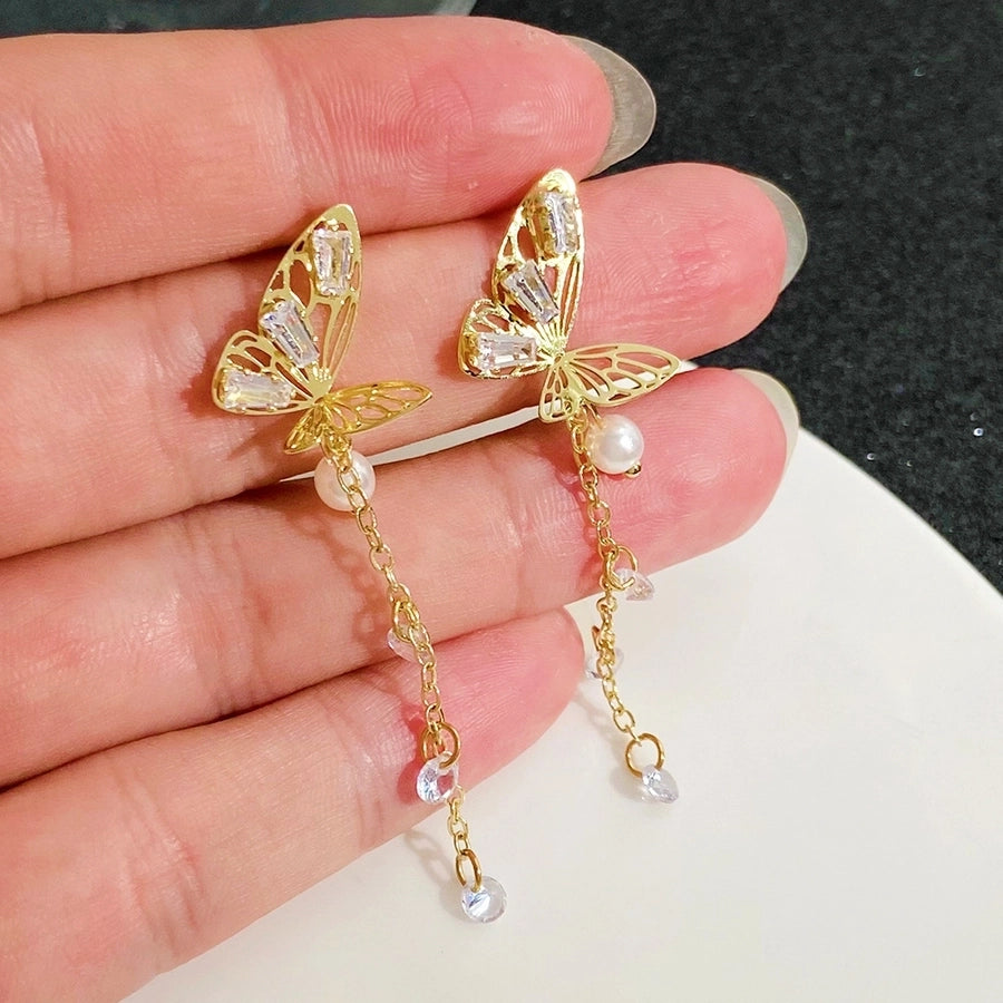 1 pair ig style japanese style tassel butterfly plating inlay imitation pearl alloy rhinestones 14k gold plated drop earrings