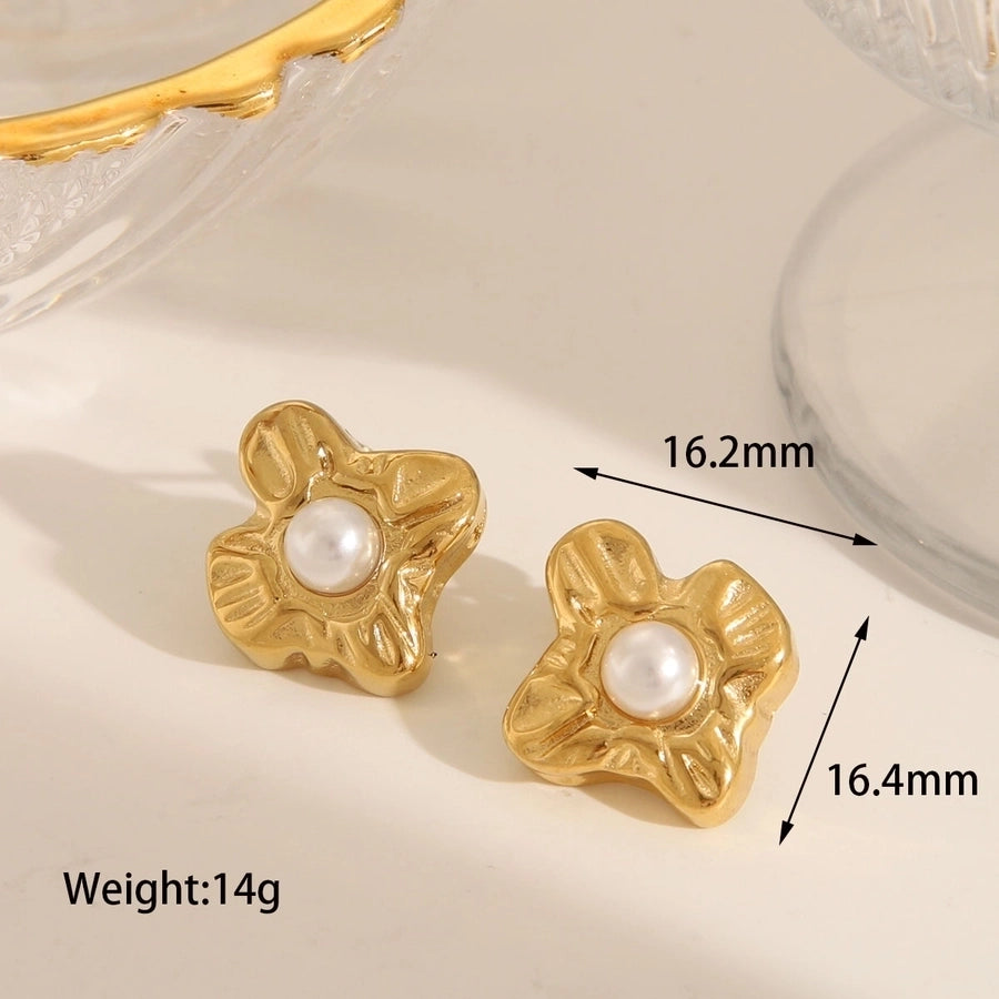 1 Pair French Style Commute IG Style C Shape Solid Color Flower 304 Stainless Steel Artificial Pearls 18K Gold Plated Stainless Steel Earrings