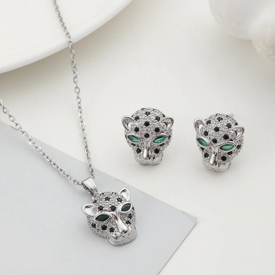 Jewelry Elegant Luxurious Jaguar 304 Stainless Steel Copper Zircon Silver Plated Inlay Earrings Necklace - CEJEW