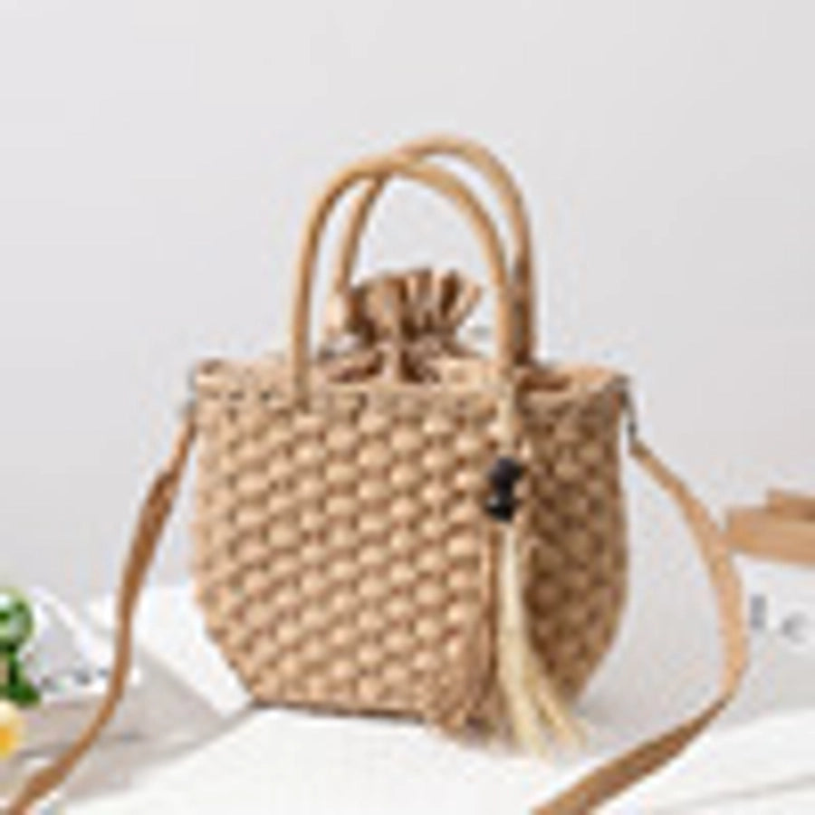 Women's Straw Solid Color Vacation Beading Tassel Weave Square String Shoulder Bag