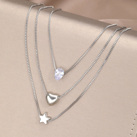 Simple Style Star Water Droplets Heart Shape White Gold Plated Zircon Alloy  Pendant Necklace