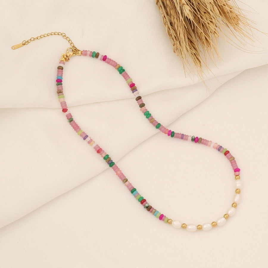 bohemian color block stainless steel natural stone beaded handmade necklace 1 piece