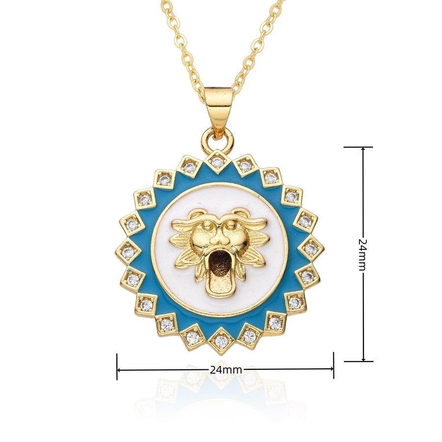 Copper Gold Plated Enamel Inlay Round Lion Bee Zircon Pendant Necklace