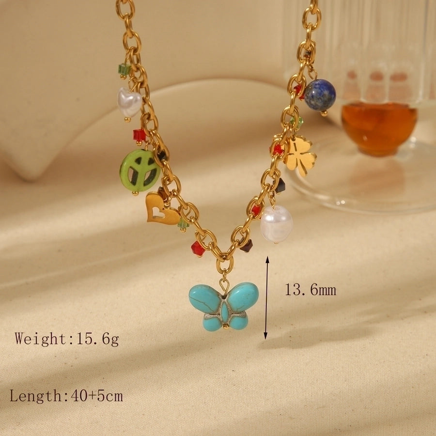 Jewelry French Style Simple Style Classic Style Four Leaf Clover Butterfly 304 Stainless Steel Acrylic Artificial Pearls 18K Gold Plated Inlay Pendant Necklace