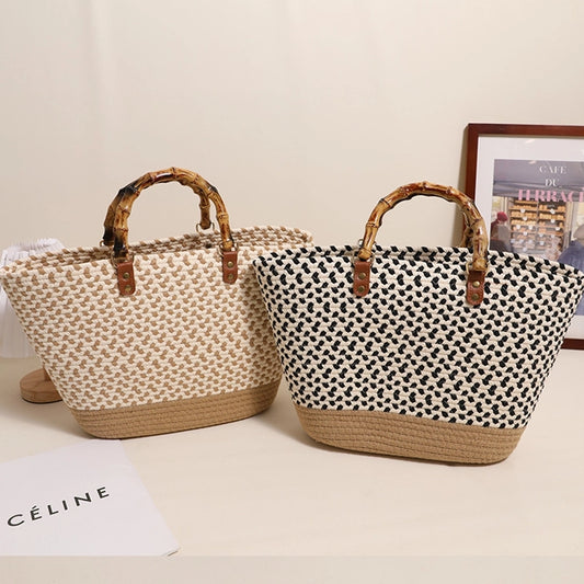 Women's Cotton Splicing Vacation Weave Shell Open Handbag