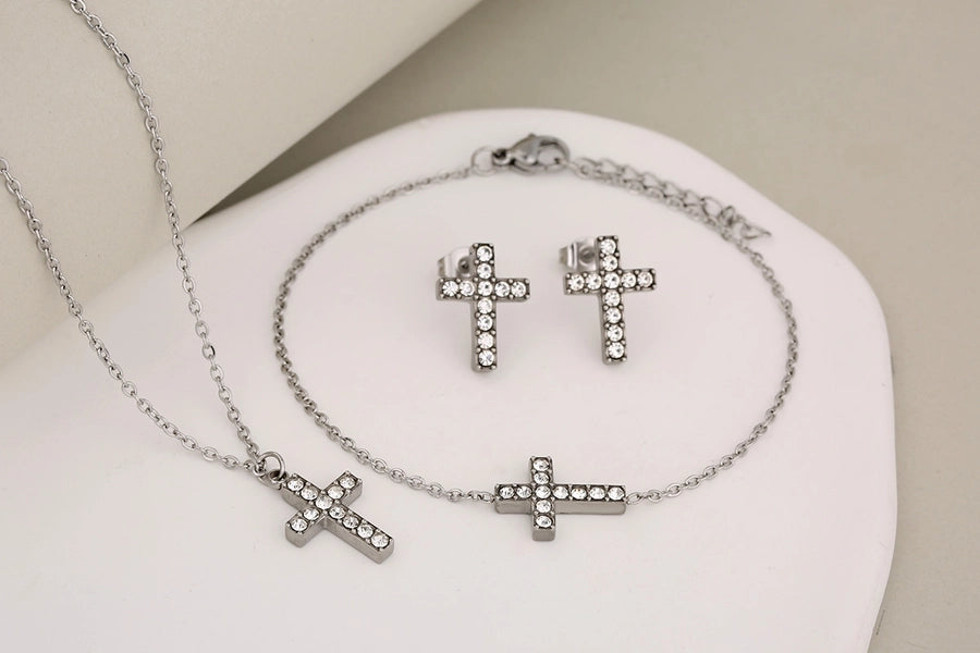 Jewelry Luxurious Classic Style Shiny Cross Round 304 Stainless Steel Rhinestones 18K Gold Plated Inlay Jewelry Set