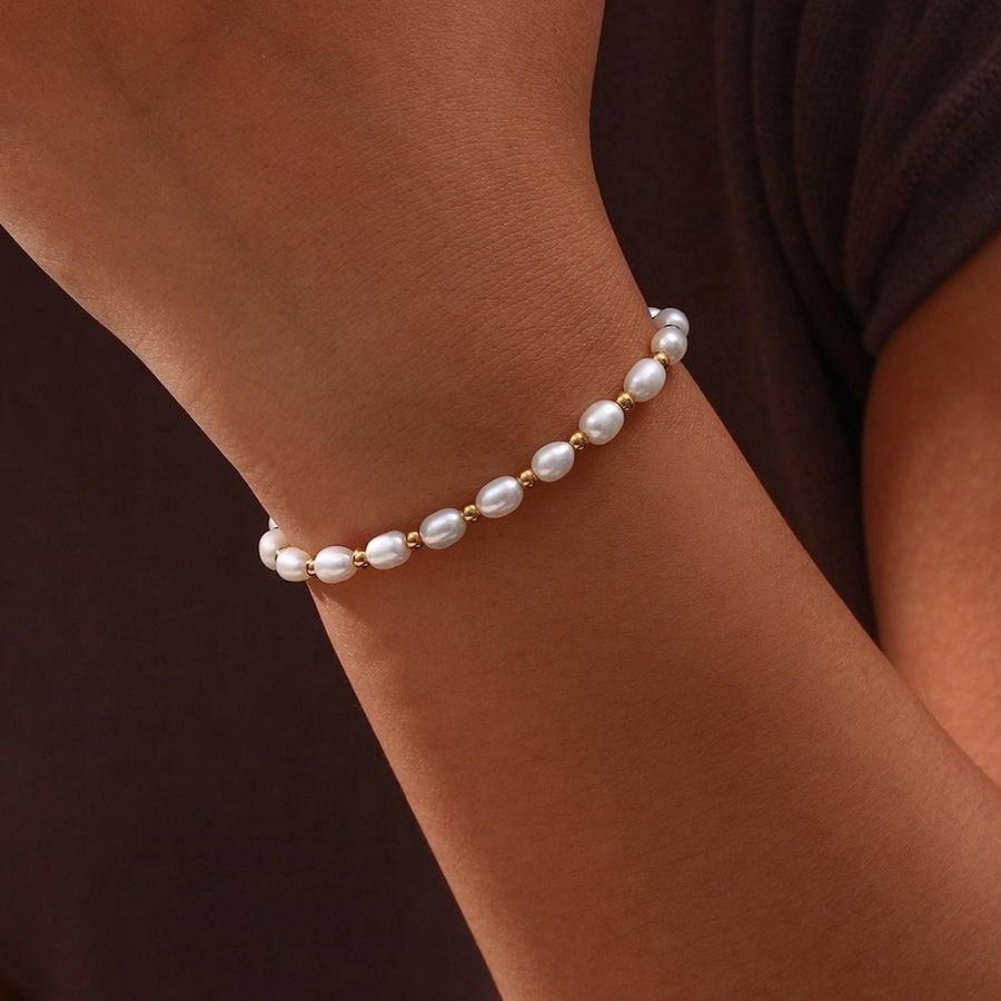 304 Stainless Steel Freshwater Pearl 18K Gold Plated Basic Simple Style Classic Style Plating Round Bracelets - CEJEW