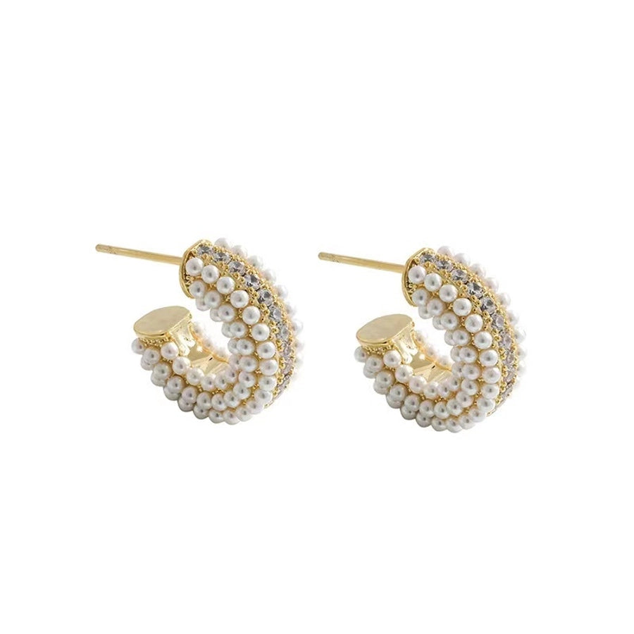 1 Pair Retro Simple Style C Shape Plating Inlay Alloy Rhinestones Pearl Gold Plated Ear Studs