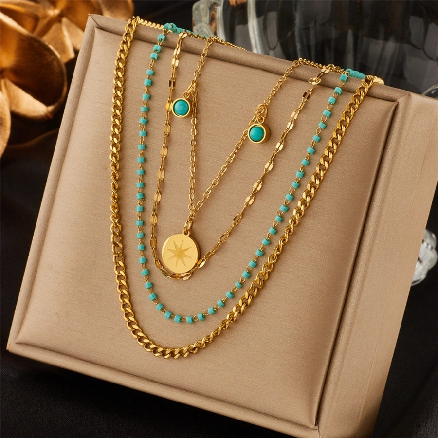 Jewelry Retro Round 304 Stainless Steel Turquoise 18K Gold Plated Beaded Gold Plated Inlay Stainless Steel Necklaces