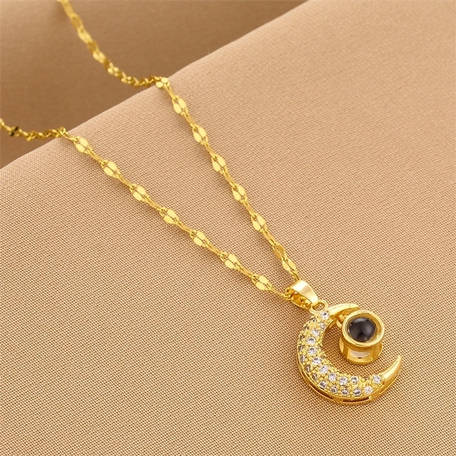 fashion moon titanium steel plating inlay zircon pendant necklace 1 piece