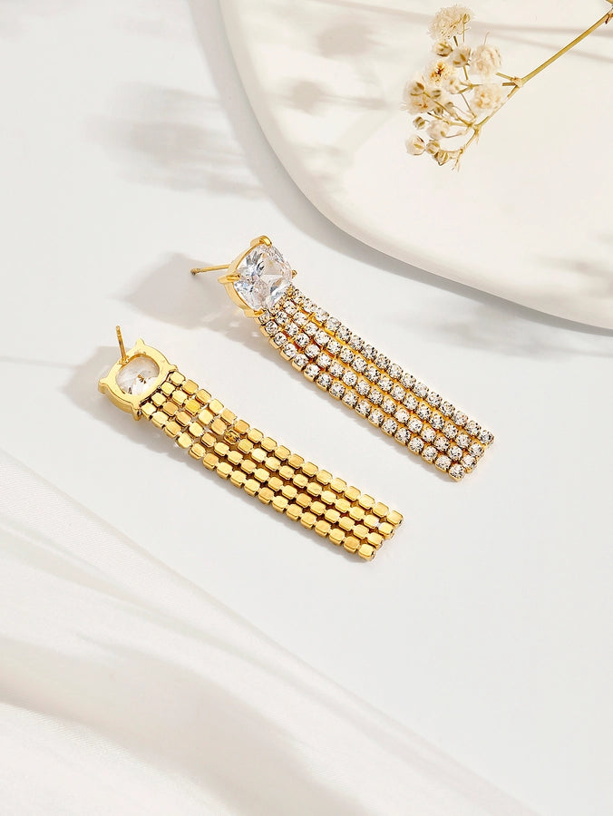 1 Pair IG Style Shiny Tassel Rectangle Plating Inlay 304 Stainless Steel Zircon 18K Gold Plated Drop Earrings - CEJEW