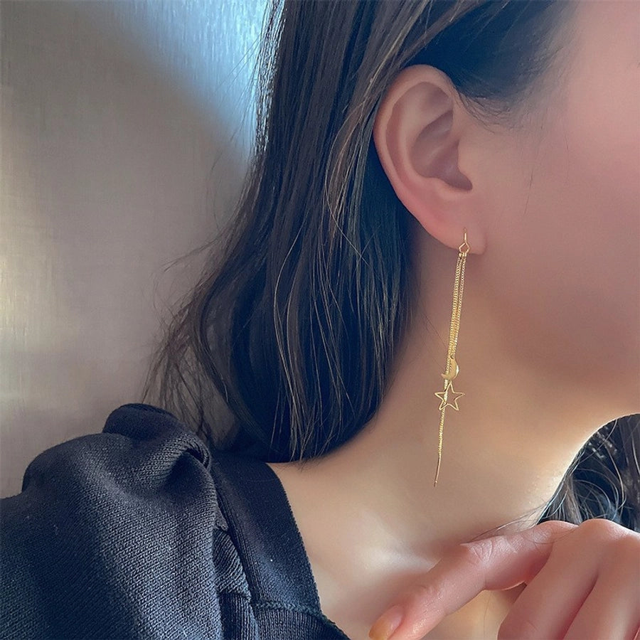 Korean Style Personalized Simple Long Tassel Star Moon Earrings Light Luxury Slimming Hollow Star Moon Earrings Internet Popular Earrings - CEJEW