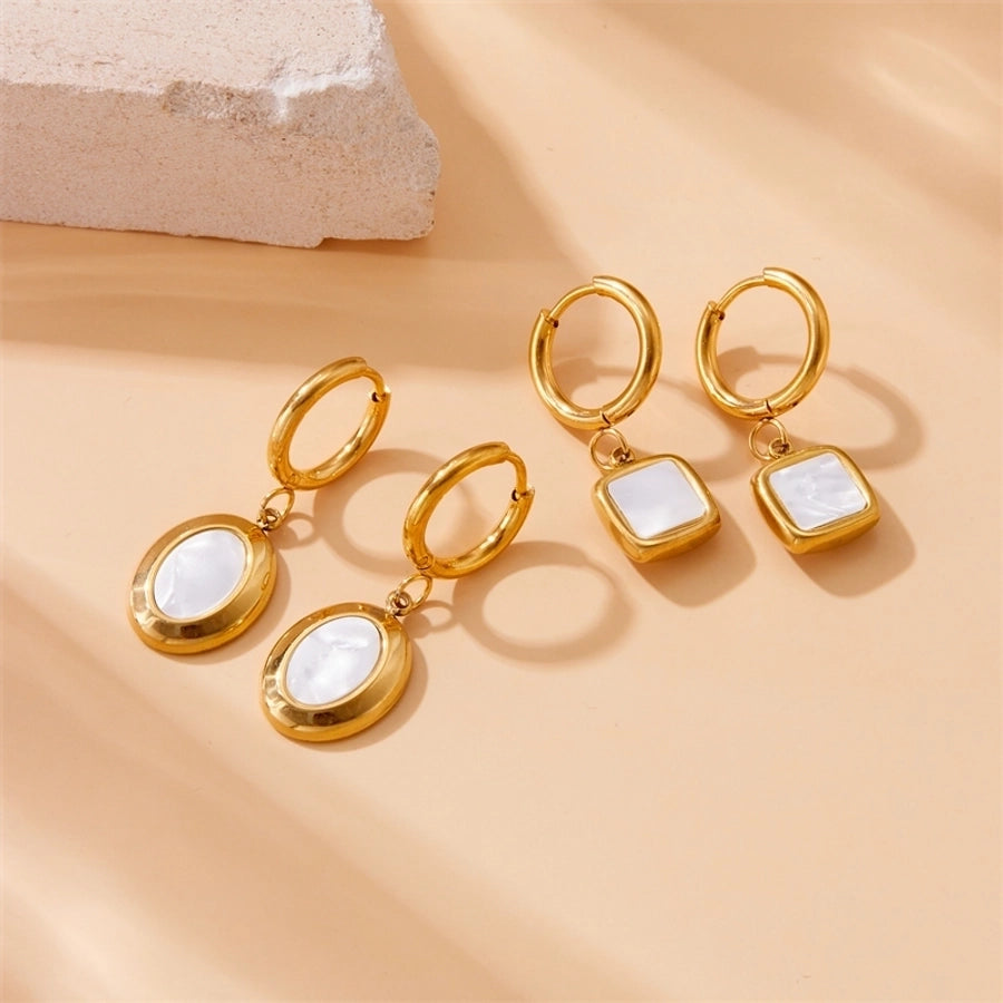 1 Pair Casual Vintage Style Square Oval Plating Inlay 304 Stainless Steel Shell 18K Gold Plated Drop Earrings - CEJEW