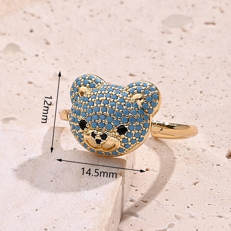 Jewelry IG Style Casual Cute Bear Copper Zircon 18K Gold Plated Polishing Adjustable Ring