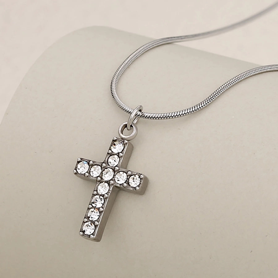 Jewelry Cute Shiny Cross Heart Shape 304 Stainless Steel Rhinestone Rhinestones Stainless Steel Necklaces