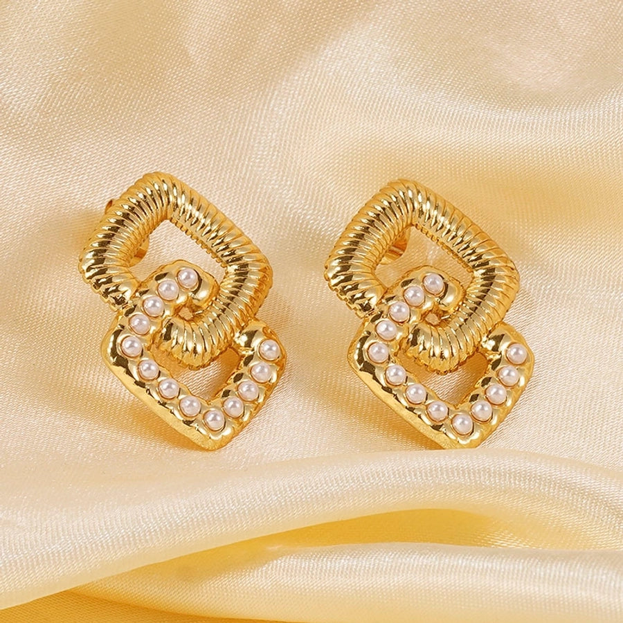 1 Pair Business Luxurious Romantic Geometric Square Inlay 201 Stainless Steel Artificial Pearls 18K Gold Plated Ear Studs