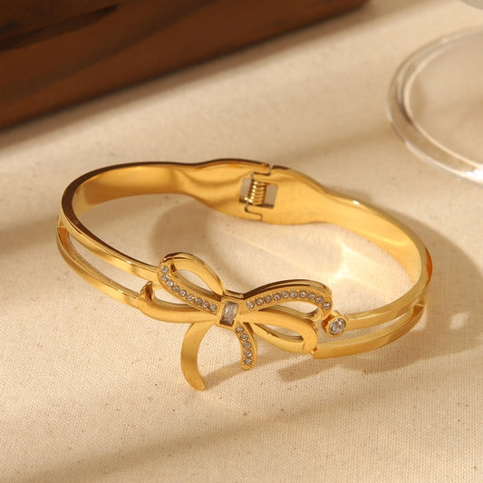 Vintage Style Classic Style Commute Solid Color Bow Knot 304 Stainless Steel 18K Gold Plated Bangle In Bulk