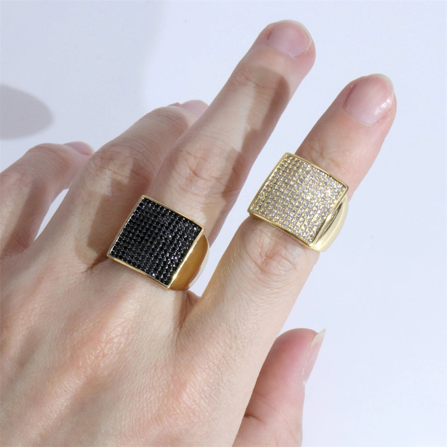 shiny square copper inlay zircon gold plated wide band ring open ring