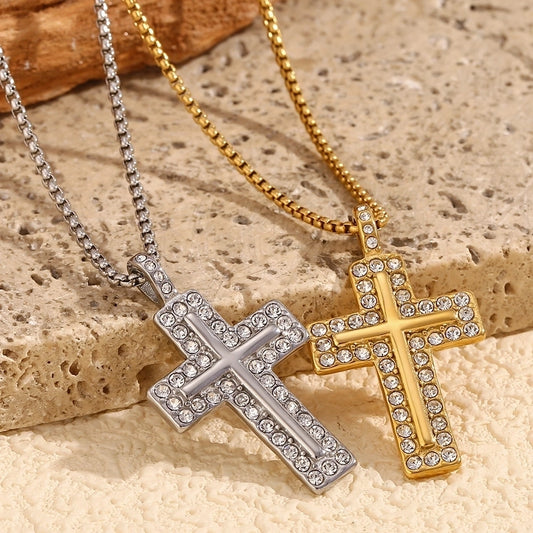 Jewelry Casual IG Style Cross 304 Stainless Steel Titanium Steel Zircon 18K Gold Plated Inlay Pendant Necklace