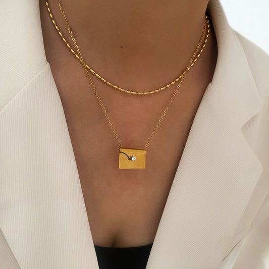 Jewelry Simple Style Rectangle 316 Stainless Steel  Rhinestones 18K Gold Plated Inlay Pendant Necklace