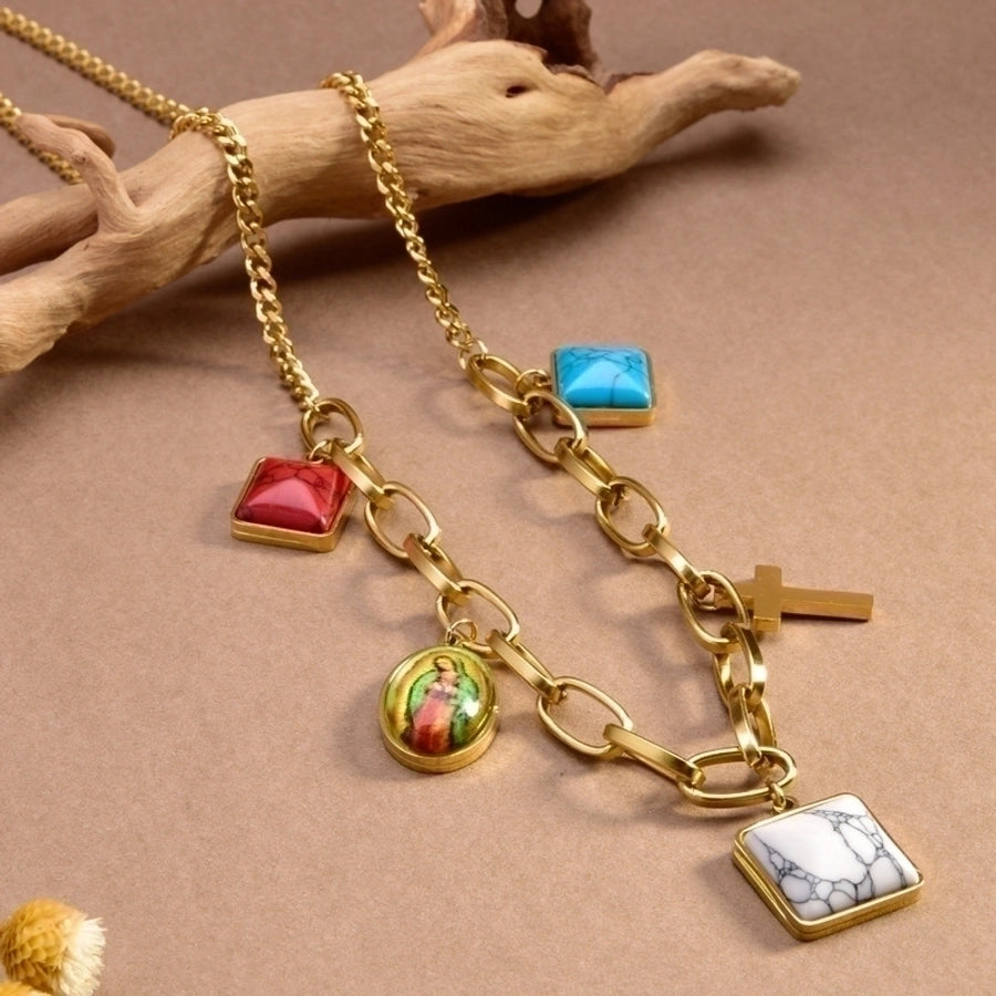 Jewelry Y2K Sweet Cross Heart Shape 304 Stainless Steel Turquoise Resin Opal 18K Gold Plated Plating Inlay Pendant Necklace