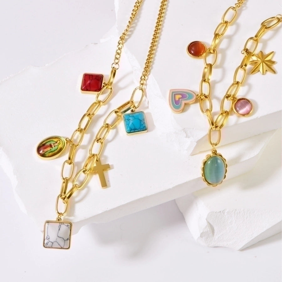 Jewelry Y2K Sweet Cross Heart Shape 304 Stainless Steel Turquoise Resin Opal 18K Gold Plated Plating Inlay Pendant Necklace