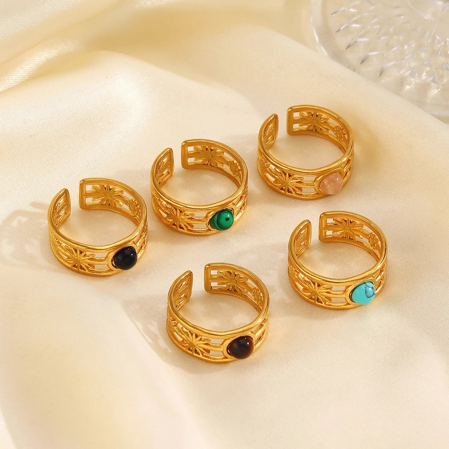 Jewelry IG Style Simple Style Round 304 Stainless Steel Malachite Turquoise Tiger Eye 18K Gold Plated Plating Inlay Open Rings