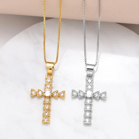 Copper 18K Gold Plated Plating Inlay Cross Zircon Pendant Necklace