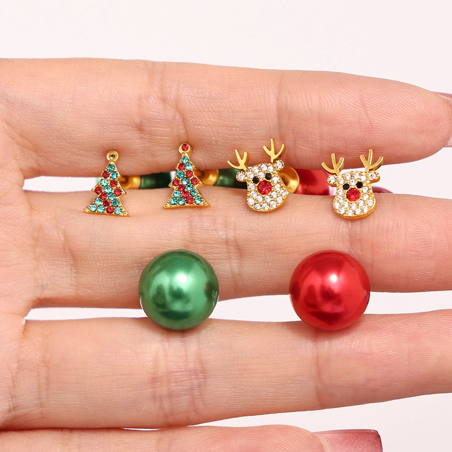 1 Pair Cute Christmas Tree Elk Plating Inlay 304 Stainless Steel Zircon 18K Gold Plated Ear Studs