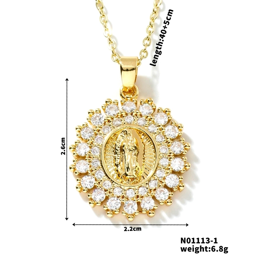 Jewelry Vintage Style Classic Style Geometric Round Virgin Mary 304 Stainless Steel Copper Zircon K Gold Plated Inlay Pendant Necklace - CEJEW