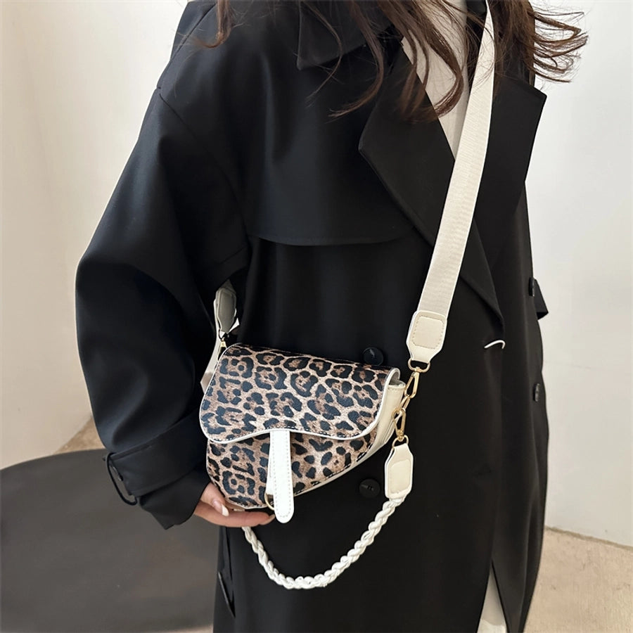 Women's Medium Pu Leather Leopard Streetwear Square Magnetic Buckle Saddle Bag