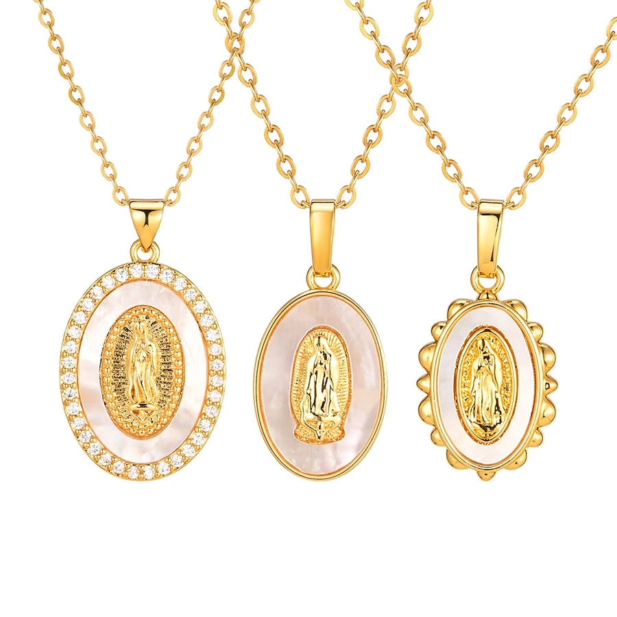 Jewelry IG Style Portrait Virgin Mary 201 Stainless Steel Shell Zircon 18K Gold Plated Inlay Pendant Necklace - CEJEW