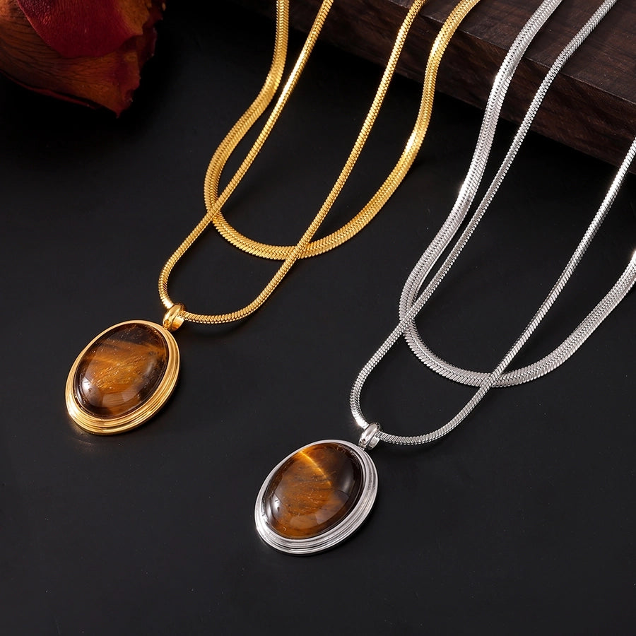 Jewelry Elegant Luxurious Vacation Geometric 304 Stainless Steel Tiger Eye 18K Gold Plated Necklace