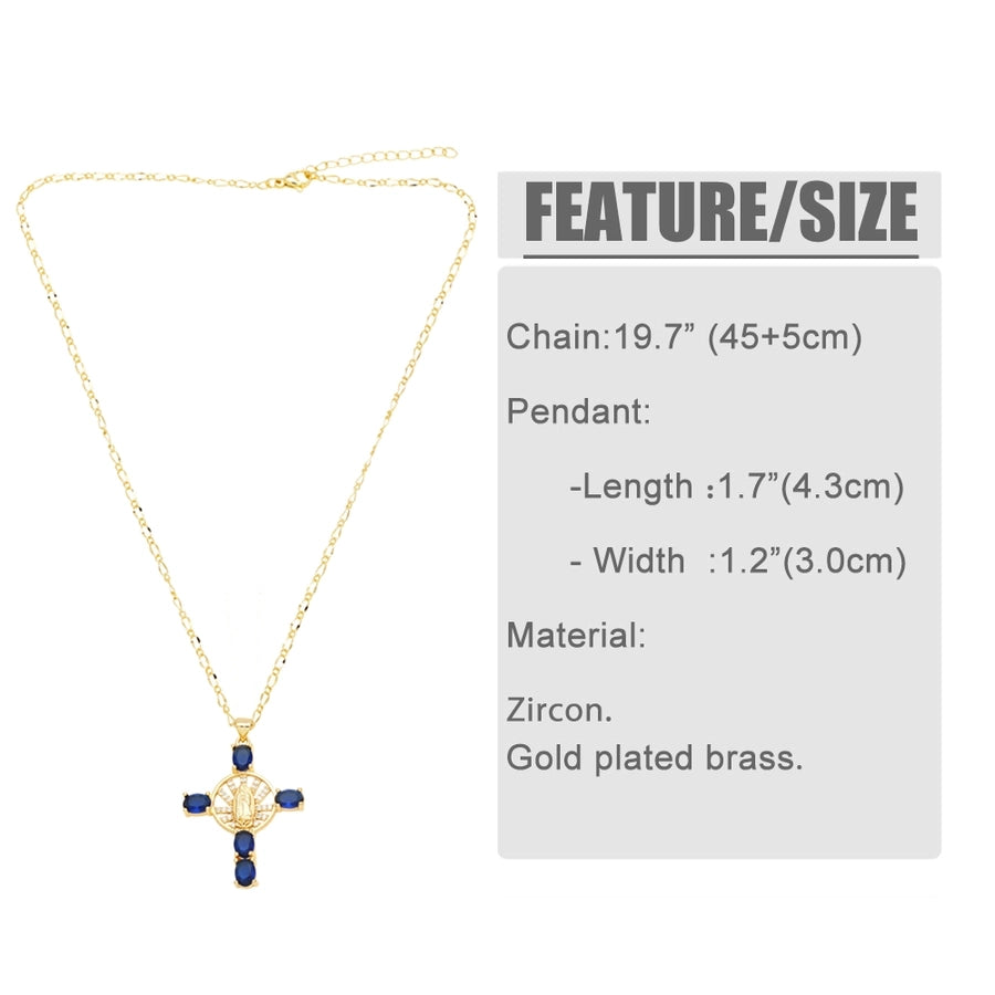 retro novelty cross virgin mary copper plating inlay zircon 18k gold plated pendant necklace