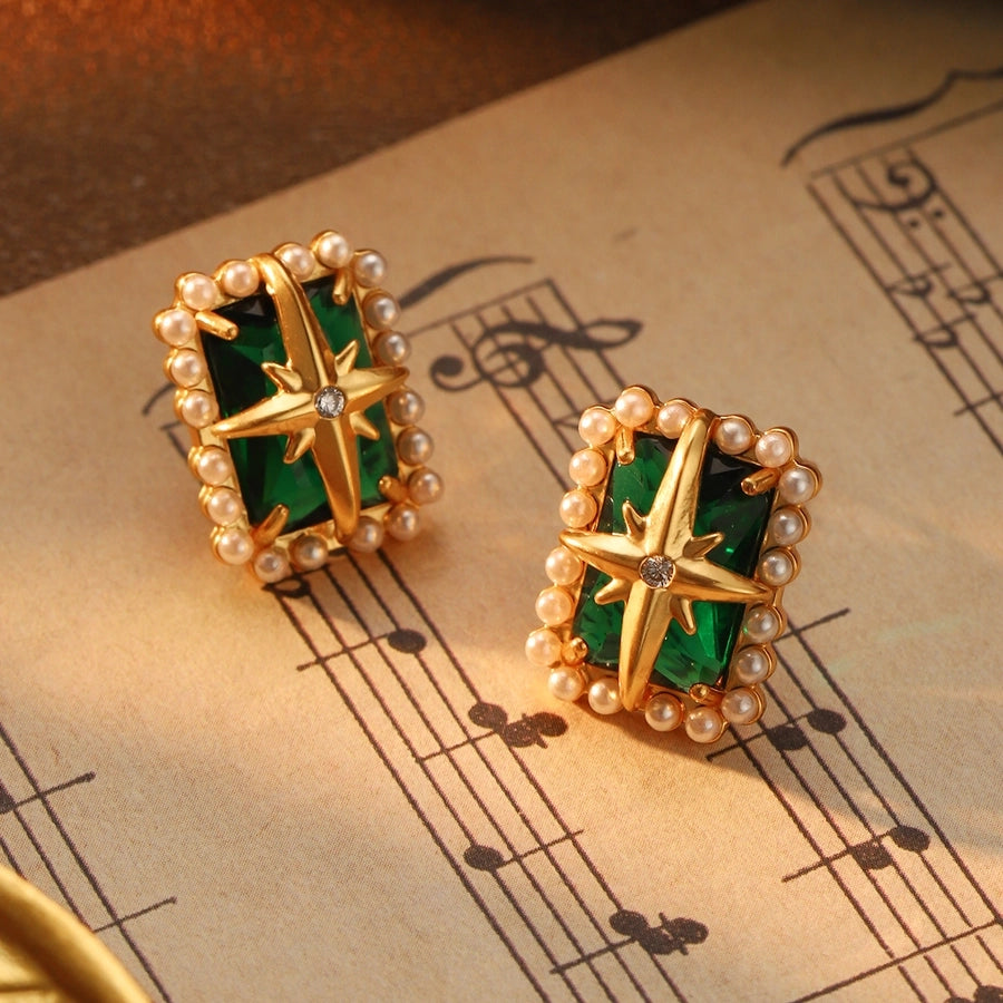 1 Pair Retro Hexagram Enamel Plating Inlay Copper Pearl Zircon 18K Gold Plated Ear Studs