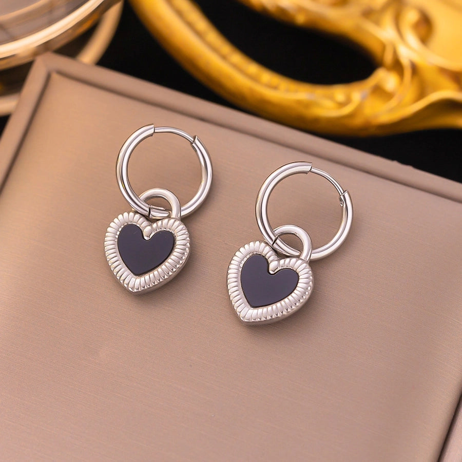 simple style heart shape titanium steel plating inlay shell earrings necklace