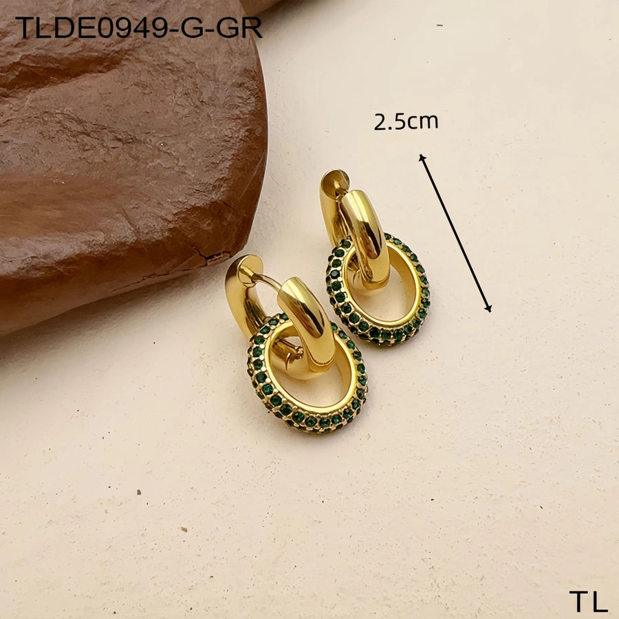 1 Pair Vintage Style Circle Inlay 304 Stainless Steel Zircon 18K Gold Plated Ear Studs - CEJEW