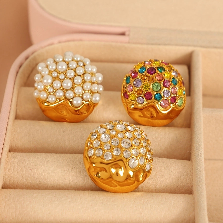 1 Pair IG Style French Style Shiny Round Polishing Inlay 304 Stainless Steel Artificial Gemstones Artificial Pearls 18K Gold Plated Ear Studs